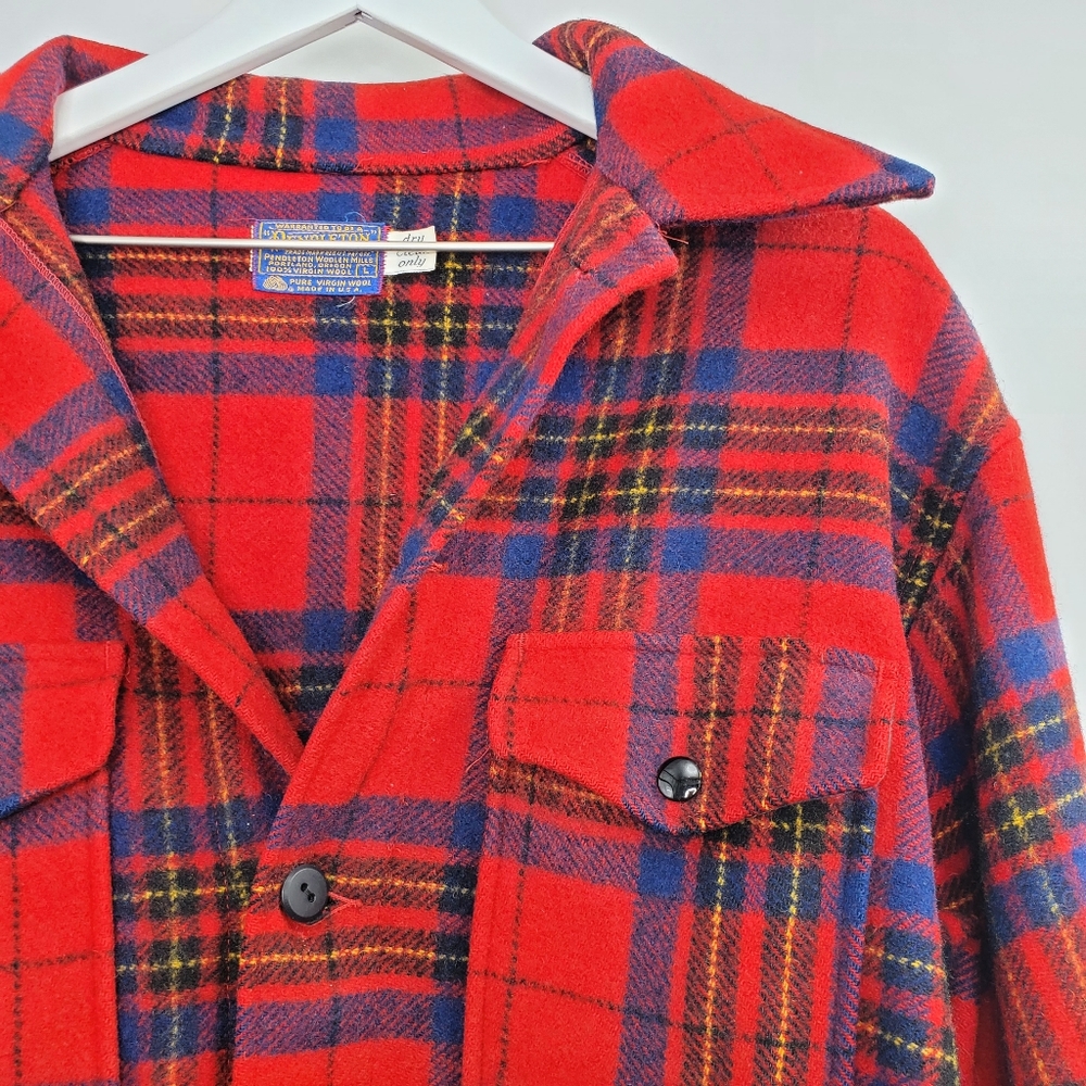 Vintage 60s Pendleton Wool Jacket Red Plaid Coat Flannel Button Up Unisex - Picture 2 of 5